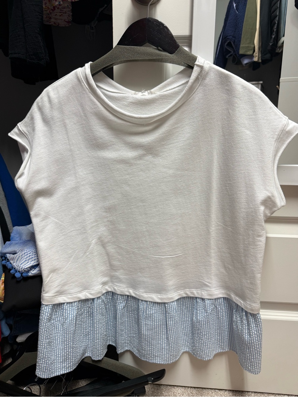 Girls' Short Sleeve Layered White Top with Light Blue Ruffle Hem
